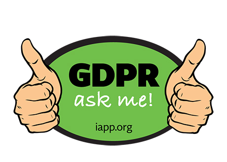  green sign with the words GDPR ask me on it with cartoon of two hands doing thumbs up