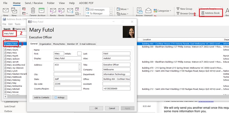  screenshot of outlook address book profile for Mary Futol