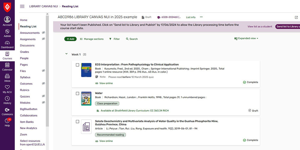  Figure 1: New look reading list in Canvas