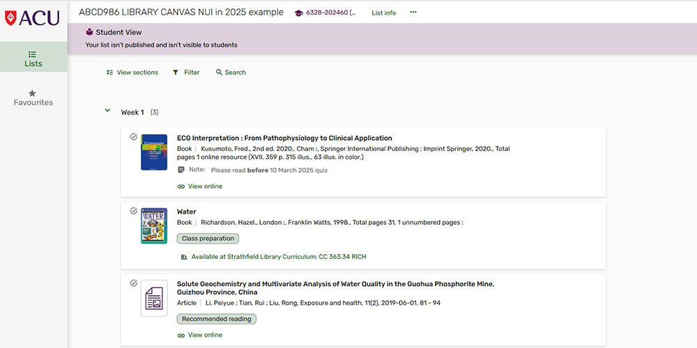  Figure 3: Student view of reading list 