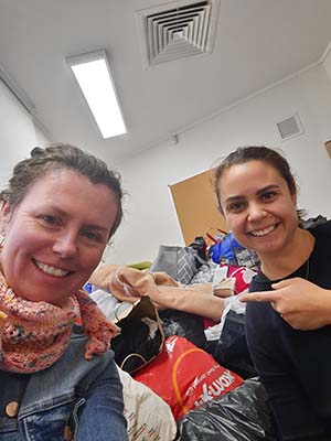 Layers for Lent donation sorting in Canberra with Nicola Tait and Marci Oringo