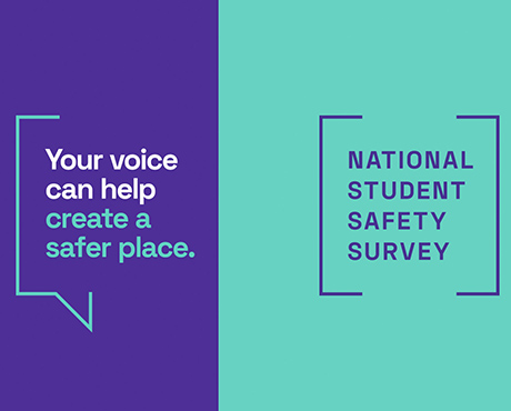 Tile that says 'Your voice can help create a safer place. National Student Safety Survey'