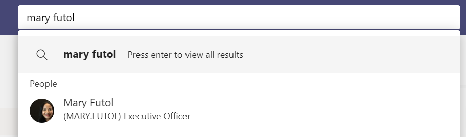 screenshot of search bar on MS Teams showing the name Mary Futol