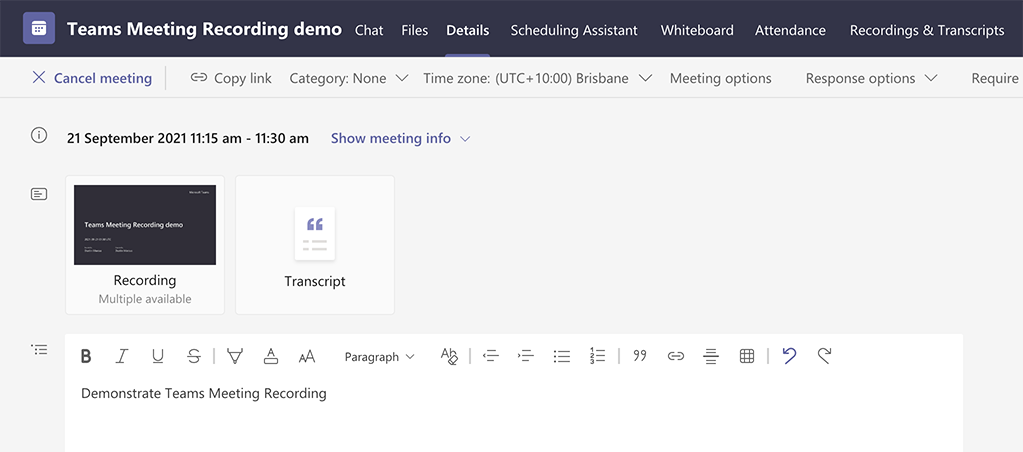 Screenshot of Teams Meeting Recording demo