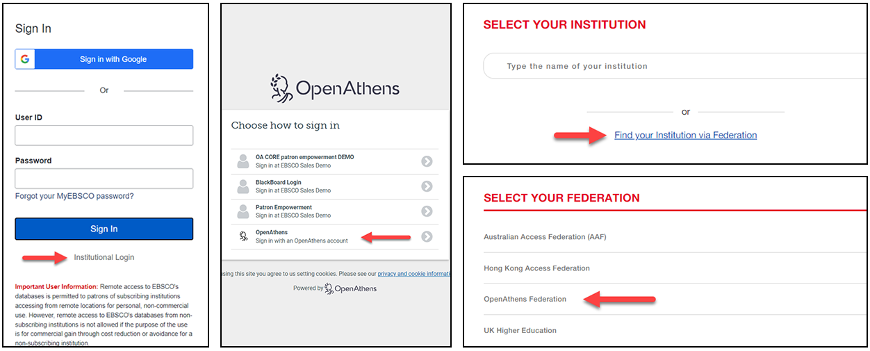  screenshots showing different ways to log in via OpenAthens
