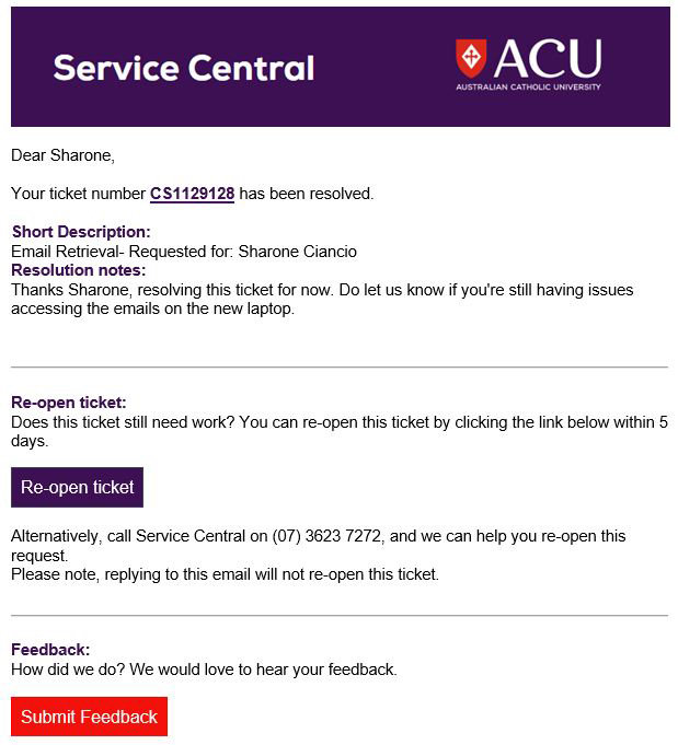  Image of a Service Central resolution email.