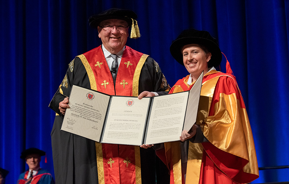  Chancellor The Hon Martin Daubney AM QC and Honorary Doctorate recipient Sister Melissa Dwyer of the Canossian Daughters of Charity