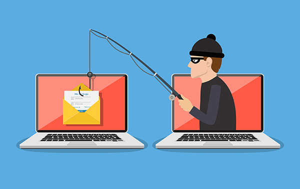  illustration on blue background of two laptops with a burglar in one holding a fishing rod with a letter on it in the other