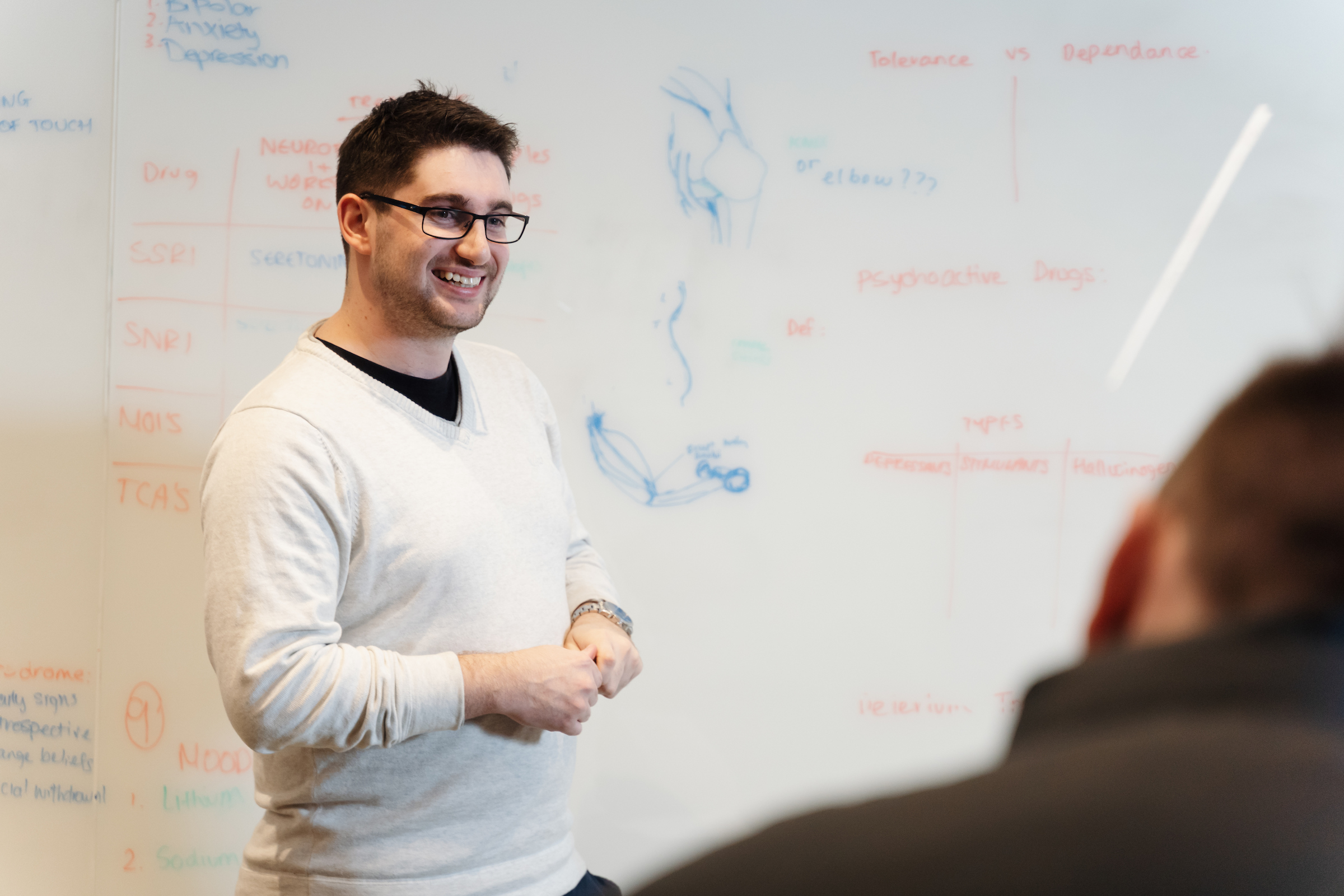  Lecturer teaching in class with a whiteboard on the background