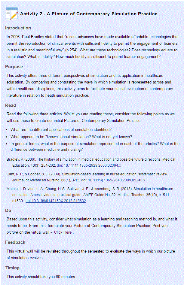 an example activity in a template with headings for Introduction, Purpose, Read, Do, Feedback, and Timing