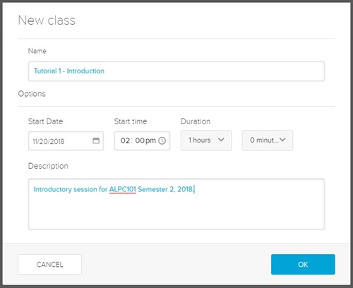 The new class settings with title and description