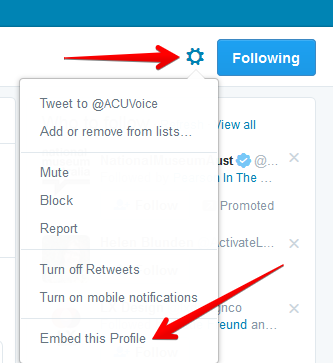 Click on the Settings wheel at the top right of the page to see the options. At the bottom is Embed this Profile