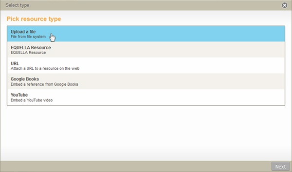 Choosing the file upload option from the type options
