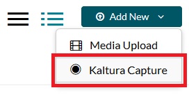 Screenshot showing the navigation to 'Add New Kaltura Capture