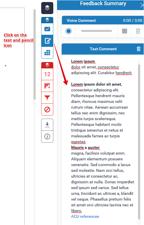 The text comment box in Feedback Studio