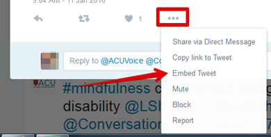 he sharing options available under 'share' in twitter. Embed code is highlighted